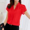 Summer Korean Women's Stand Collar Slim Fit Solid Color Bottom Shirt Ruffle Slit Short Sleeve Blouse Women's Red Pink White  Blue Chiffon Blouses