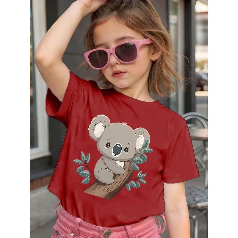Girls Crewneck Short Sleeve Tee, Cute Koala Hug Tree Print