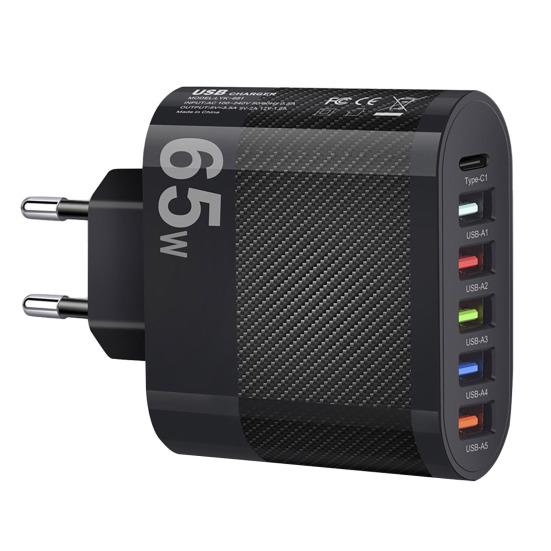 Универсальный дорожный адаптер с 6 портами, 65 Вт, 5 USB/Type-C, быстрая зарядка, интеллектуальная технология шунта, многофункциональная защита, эффективное настенное зарядное устройство с вилкой европейского стандарта