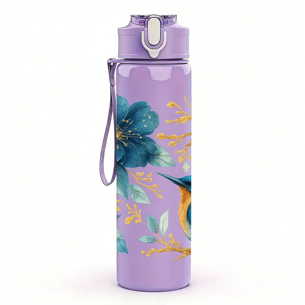 1PC Blue Flower Bird Branch Art Print 750ml Color Plastic Sports Water Bottle Leakproof Flip Straw Lid Suitable for Sports Office Home Use