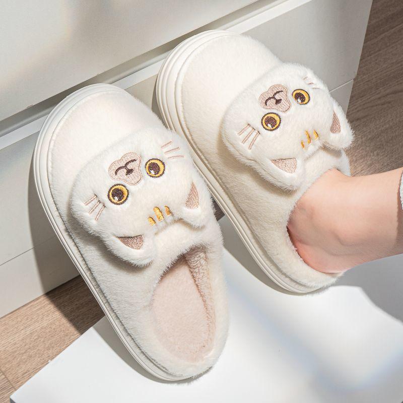 Unisex Winter New Black Furry Cat Cotton Slippers for Women Indoor Home Non Slip Thick Bottom Soft Bottom Fuzzy Slipper Men44/45