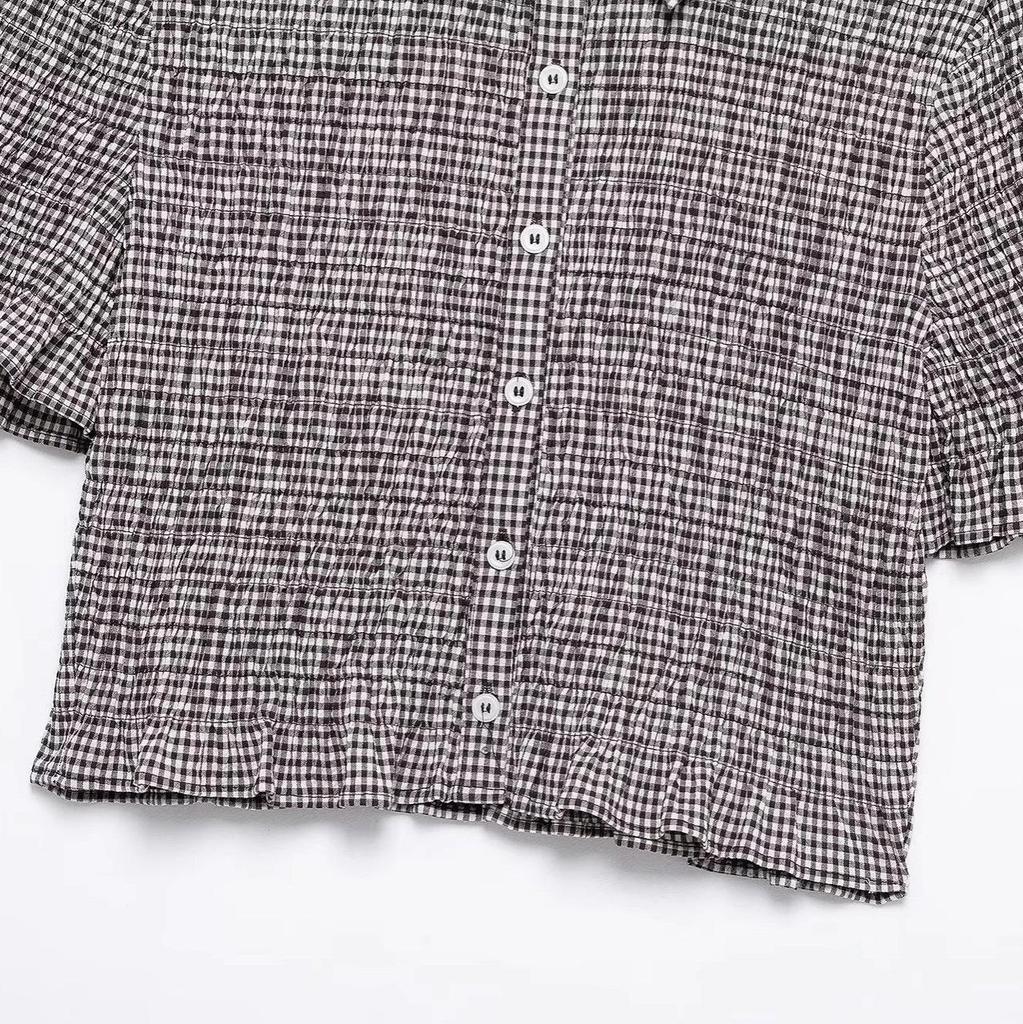 Spring 2025 Women's Plaid Short Sleeve Turn-Down Collar Shirt - European & American Style Fashion