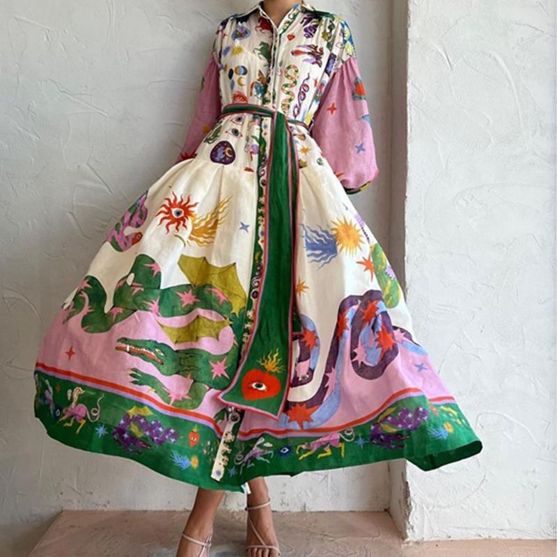 Floral Print Lantern Sleeve Dress With High Waist For Elegant Spring Casual Wear