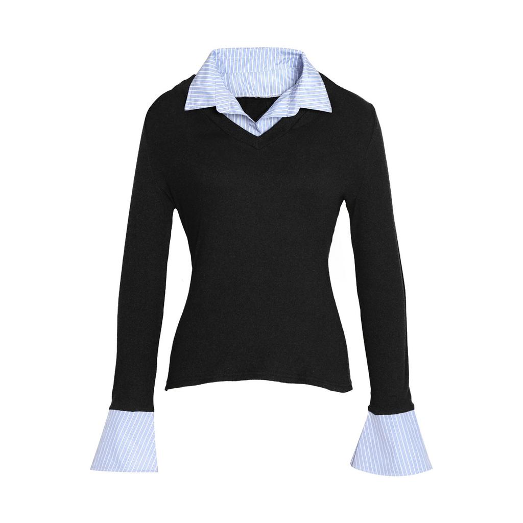 Женская модная повседневная трикотажная рубашка с V-образным вырезом, длинными рукавами и эффектом двухслойности