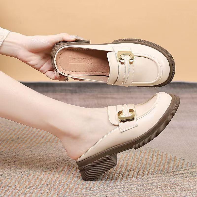 Spring and Autumn New Soft-soled British Small Leather Shoes Women's Versatile Casual Fashion One Pedal and Half Slippers