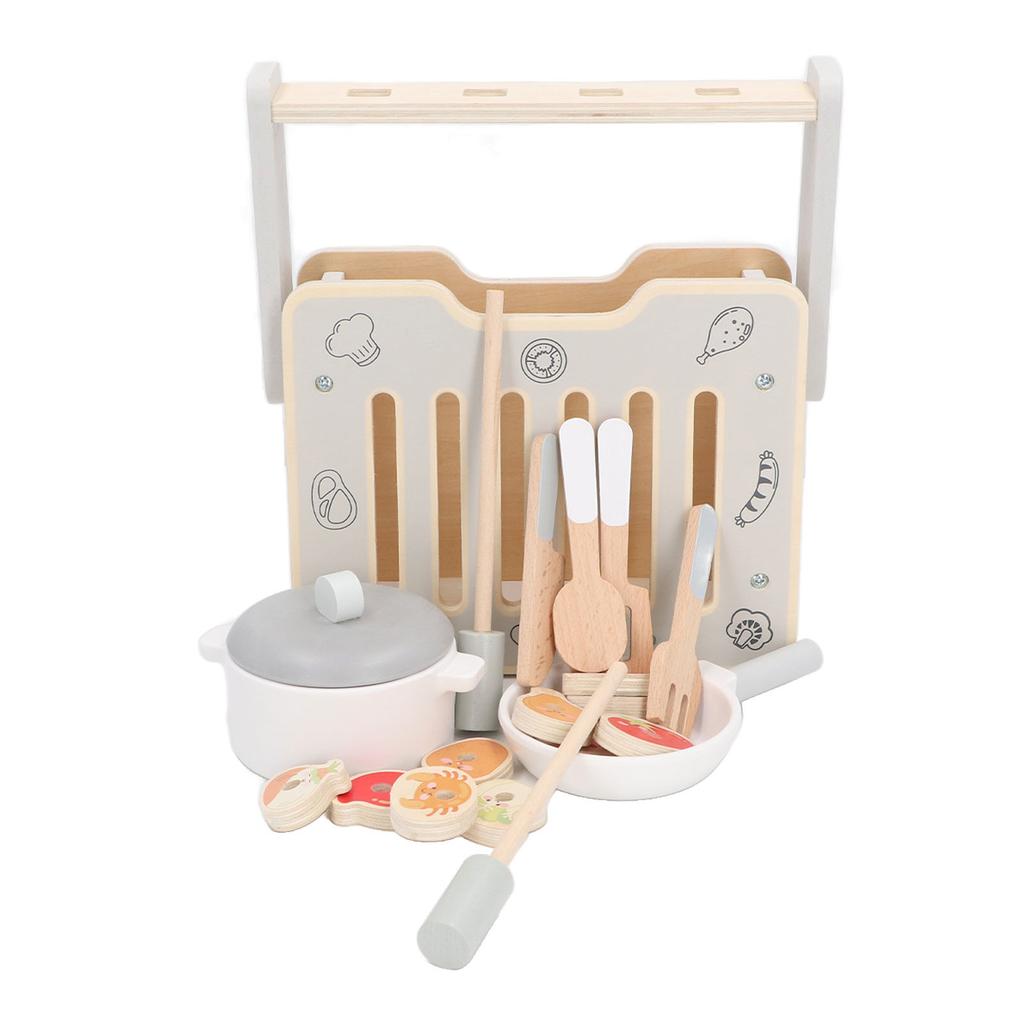 Kids Wooden Kitchen Barbecue Grill Toys Educational Simulation Kitchen Grill Cooking Playset