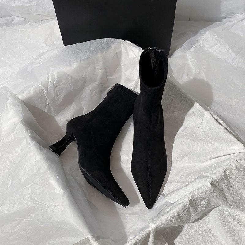 Women'S Shoes Brown Short Boots Women'S High Heels Autumn And Winter Versatile French Thin Heel Elastic Boots Suede Pointed Thin