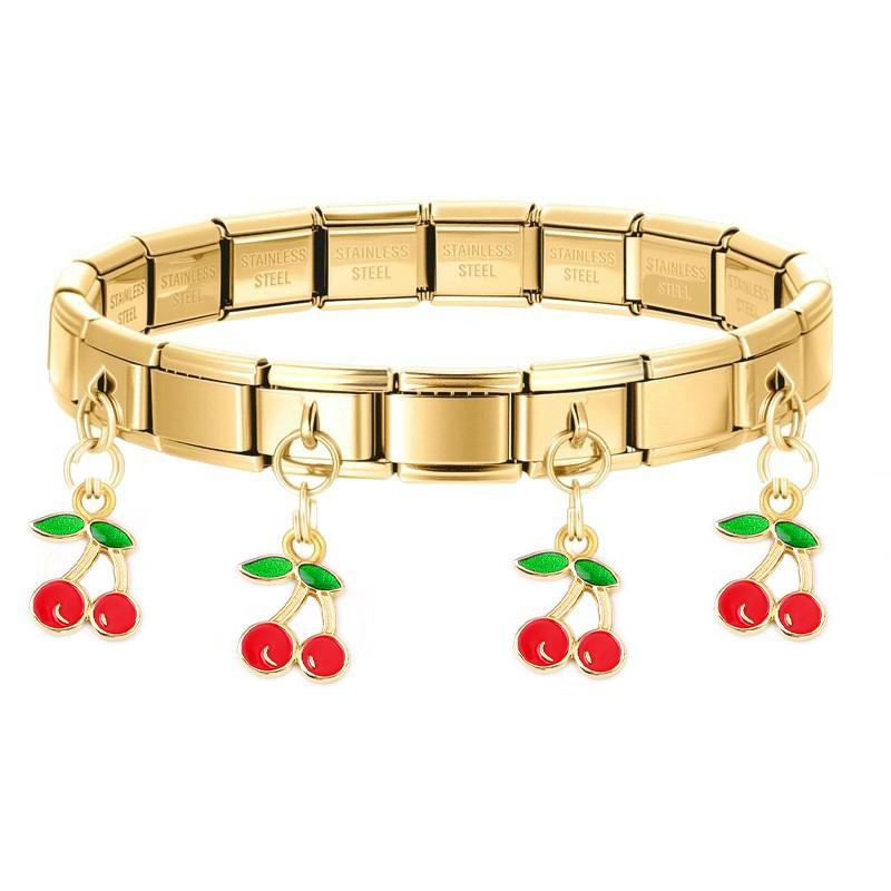Geometric Square Stainless Steel Elastic Strap Bangle Bracelets for Women Strawberry Cherry Pendant Bracelets Hand Jewelry Gift