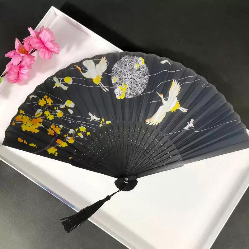Chinese Style Folding Fan for Men, Portable, Retro Style, Classical, Traditional Hanfu, Black and Green, Bamboo Design