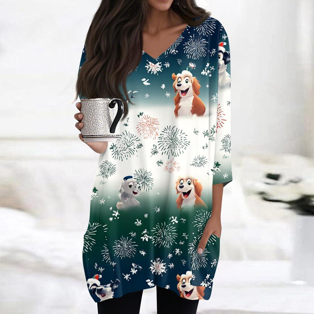 Женские топы с V-образным вырезом и рукавом 3/4, повседневные блузки средней длины, модные туники с рождественским принтом и карманами