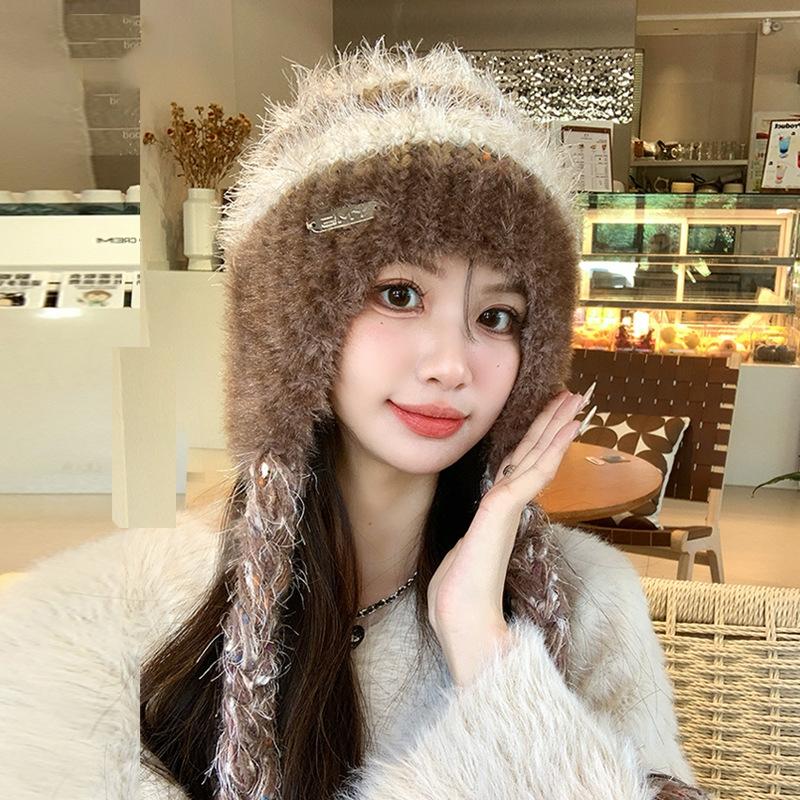 Женская осенне-зимняя теплая утолщенная защитная шапка с холодным мехом и бархатом, двойная тесьма, вязаная шапка, милая разноцветная шапка