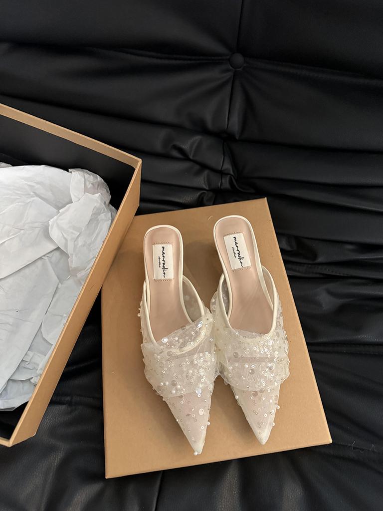 French Dress High Heels Half Slippers Spring and Autumn Style High Heels Evening Gentle Everything with Sequined Shoes