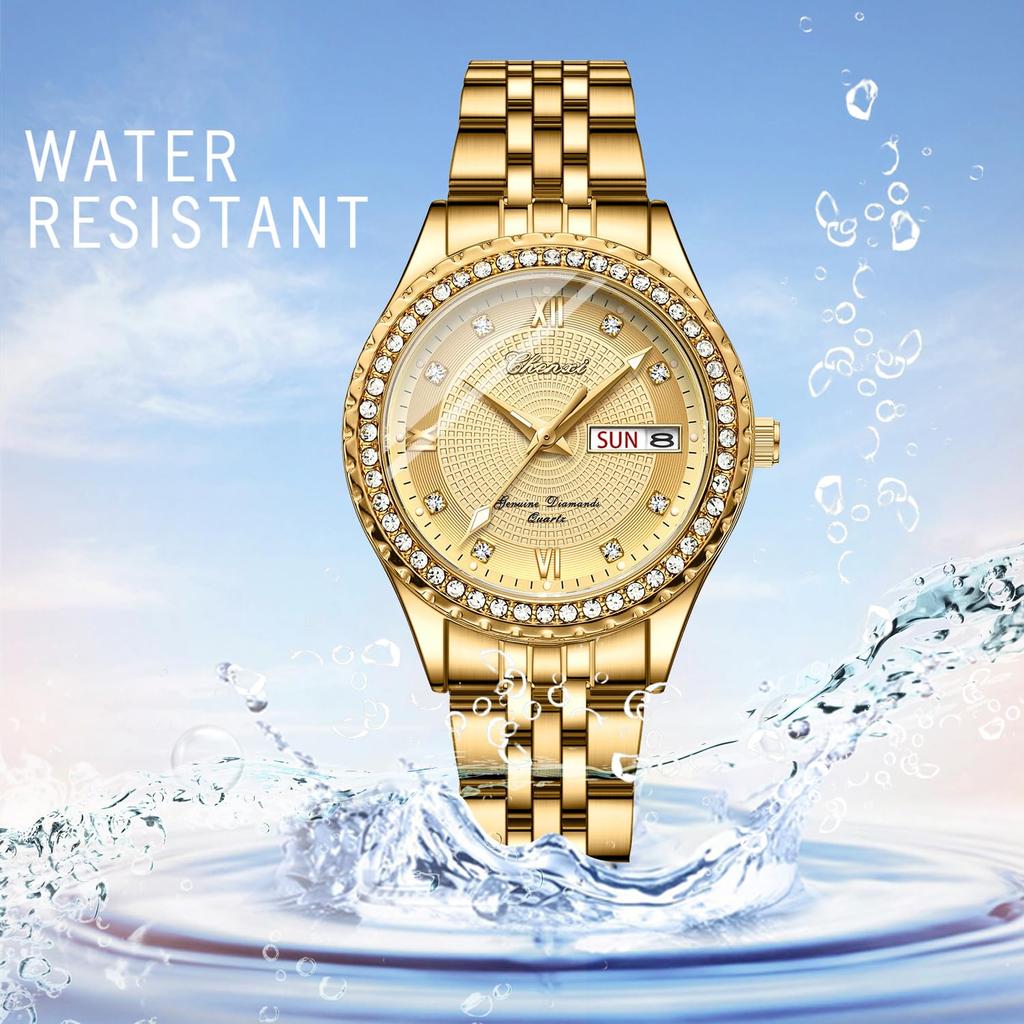 Stylish Women's Stainless Steel Gold Watch: Luminous Analog Display, Calendar, Day Display, 3ATM Water Resistance, Quartz Movement, Couple's Watch,