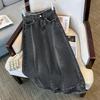 Niche High-Waisted A-Line Midi Denim Skirt - Black/Grey Straight Leg with Raw Edge Design for Women