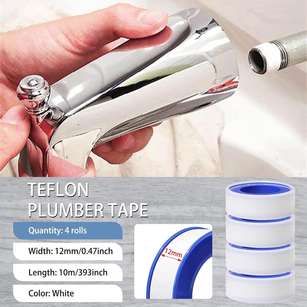 Teflon Tape, 0.47x393inch White Plumbers Tape - 4 Rolls, Stop Leaks, PTFE Sealant for Pipe