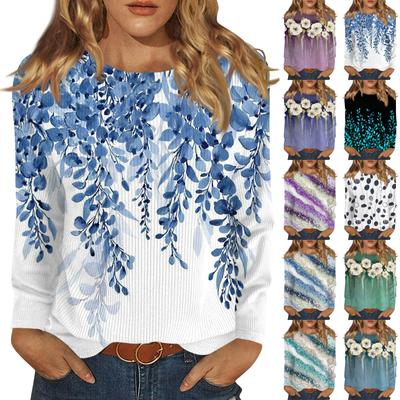 Длинные рукава топы для женщин футболка повседневные принты топы футболка круглый вырез пуловер блузка