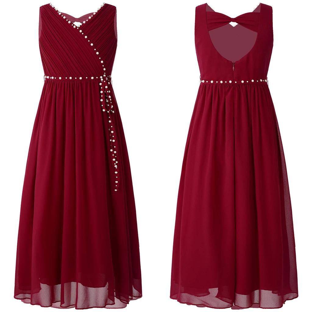 Детское шифоновое праздничное платье для девочек, платье с v-образным вырезом и рюшами, без рукавов, с бантом и вырезом, со съемным поясом