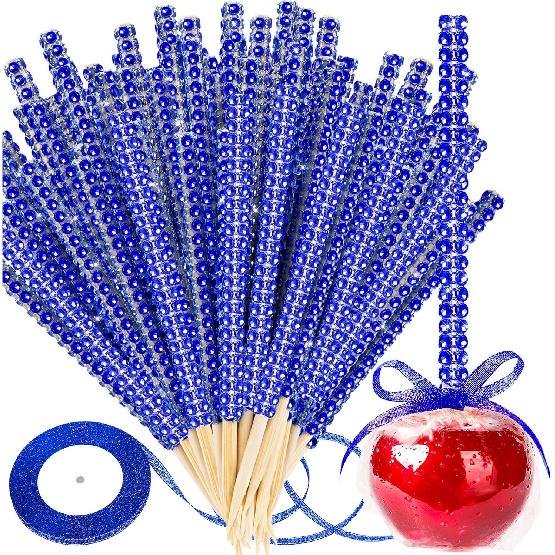 Silver Candy Apple Sticks, 26Pcs Bling Caramel Apple Wooden Pointed Skewers, Fruit Treats Cake Pop Decorative Sticks with Glass Bag Glitter Ribbons