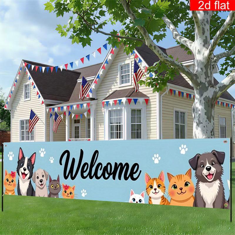Welcome Pet Cat & Dog Banner, Outdoor Yard Sign for Garden Fence Dog Home