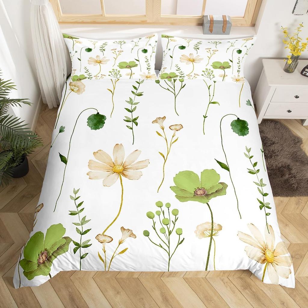 Watercolor Floral Down Duvet Cover Set Queen King Size Simple Pastoral Style Bedding Suitable for Kids Teens Adult Women 3 PCS