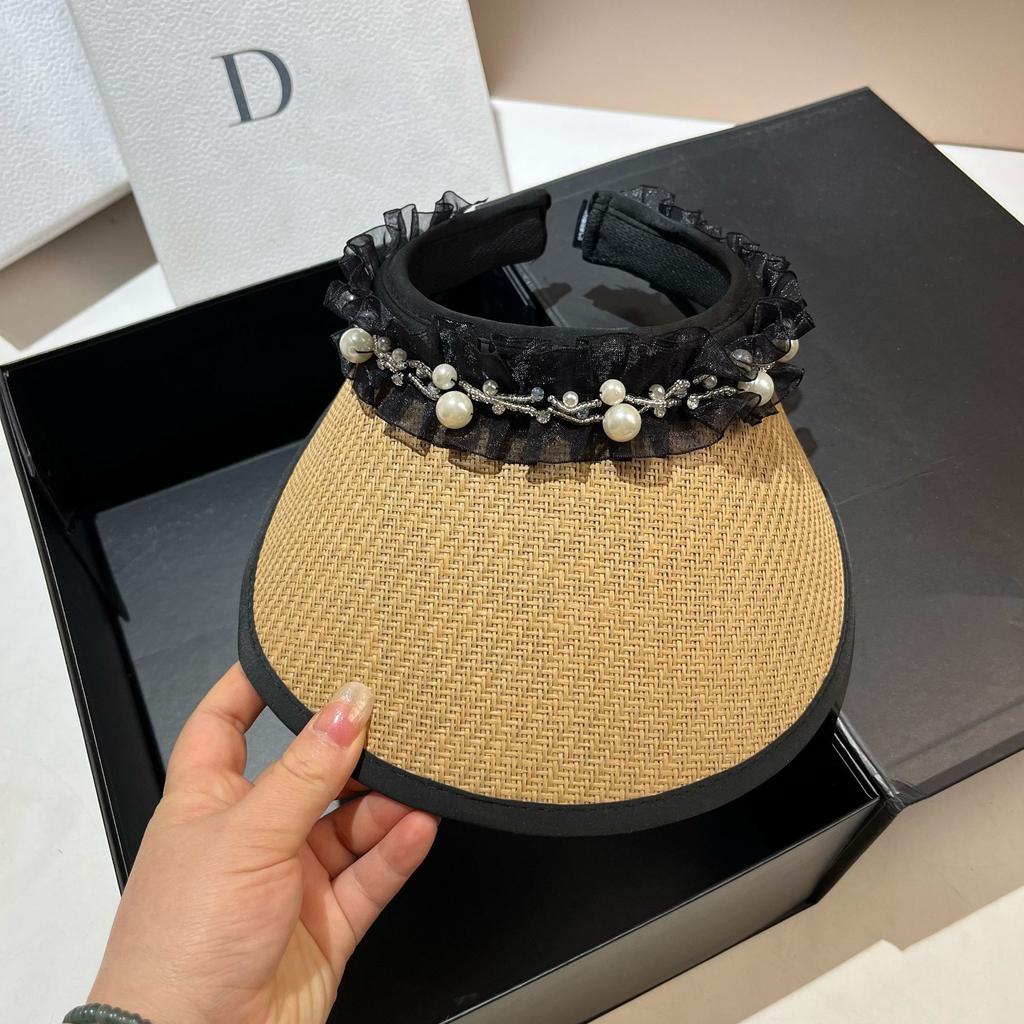 Summer vinyl UV protection sun hat pearl lace sun protection empty top hat outdoor grass woven sun hat