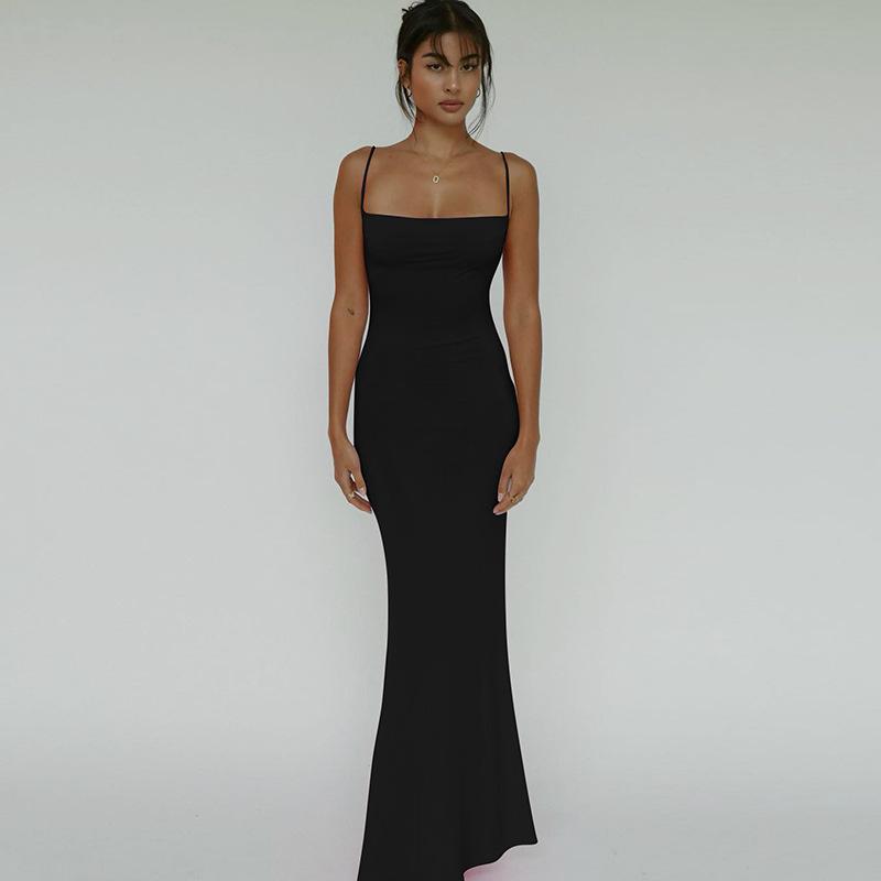 Женское сексуальное облегающее платье-комбинация с открытой спиной, однотонное платье макси без рукавов, летнее повседневное платье-комбинация на тонких бретельках, облегающее платье-халтер
