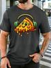 Unisex Olive Green Tee Pizza Slice Headphones Cartoon Print Short Sleeve Loose Casual Basic Top For Adult Male Daily Wear Outfit