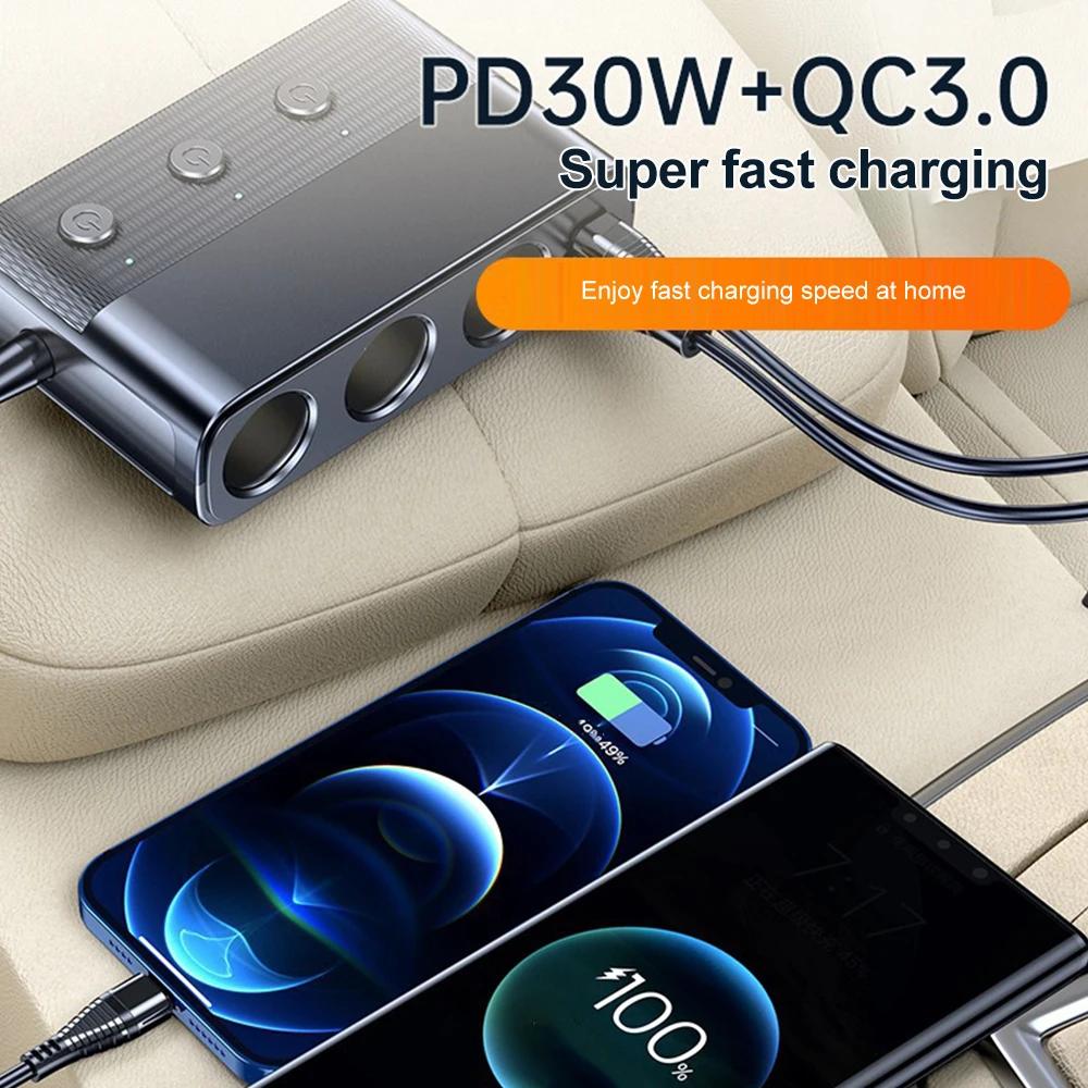 Автомобильное зарядное устройство, прикуриватель, адаптер питания, разветвитель PD30W QC3.0, 3-в-1, несколько портов, быстрая зарядка, USB-разъем для зарядки с переключателем