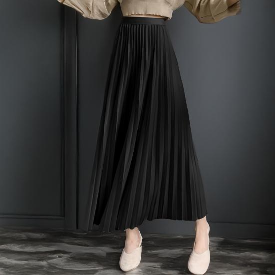 Women Pleated Skirt Elastic High Waist Solid Color Midi Skirt Soft Breathable Office Lady Slimming Skirt Daily Wear