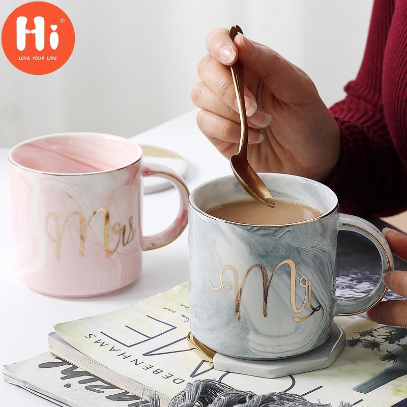 Hi European Gold Stamping Mark Loving Cup of Coffee Sir MS Letter Men Women Ceramic Mugs Marble Cup