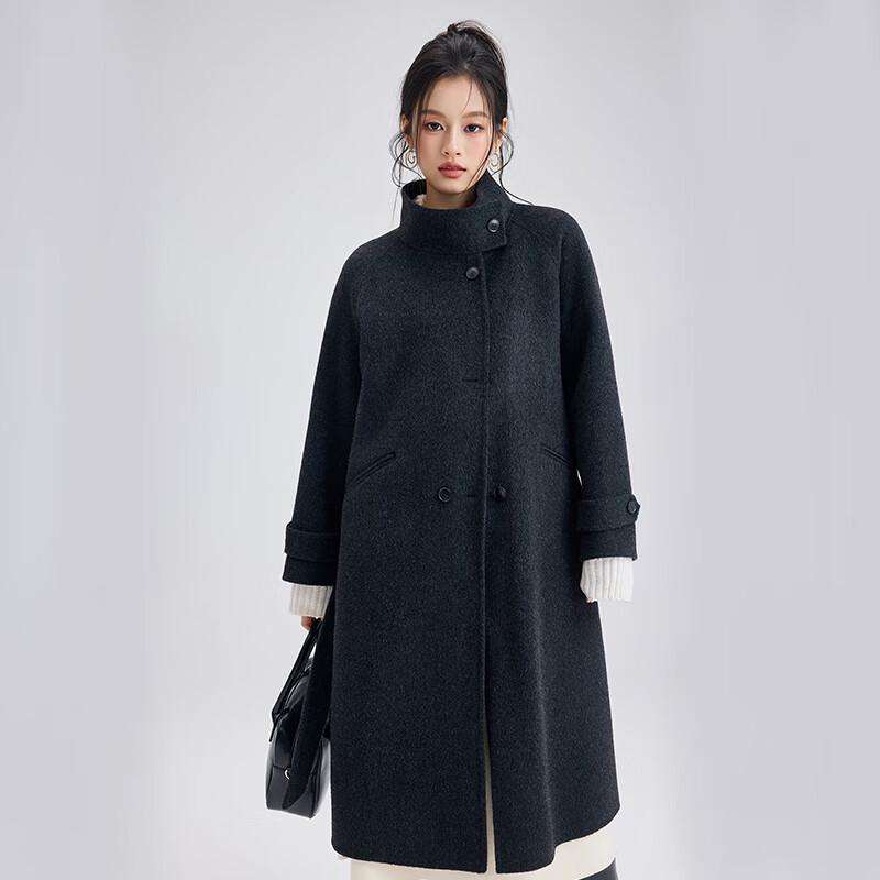 Fengxun Женское Премиальное Двустороннее Пальто из 100% Шерсти со Стойкой