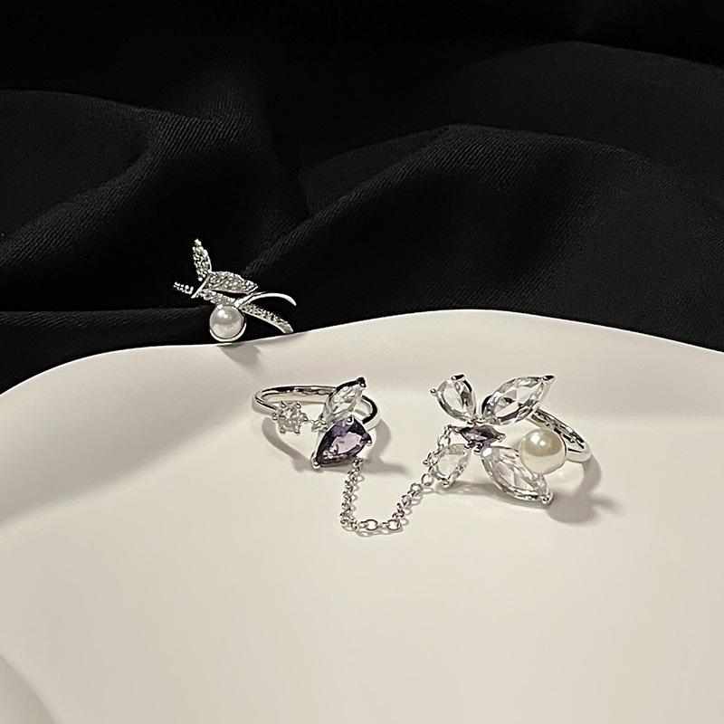 Niche Design 2-Piece Chain Butterfly Pearl Zircon Personality Sweet And Cool Open Ring Female Cold Wind