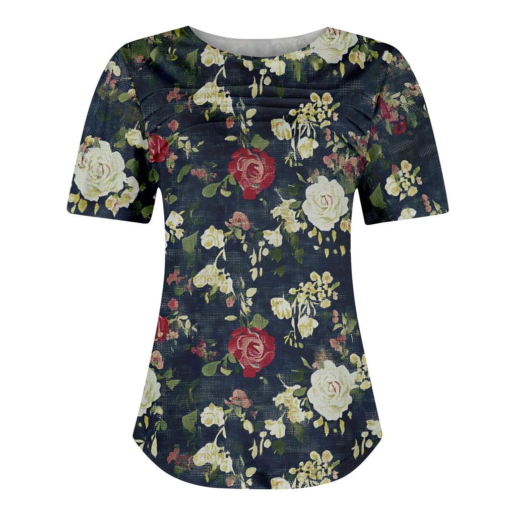 Женская модная рубашка с круглым вырезом и короткими рукавами в складку