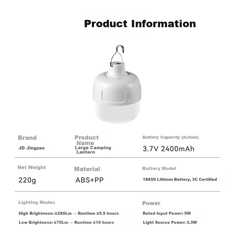 JD Jingzao Camping Lantern Outdoor Lighting Night Market Stall Super Long Battery Life Rechargeable Bulb Emergency Hanging Light 280 Lumens