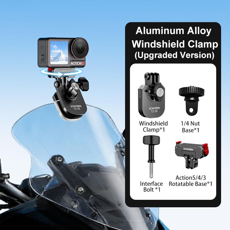 Ronkoen TZ-25 Motorcycle Windshield Clamp Mount Aluminum Alloy For Insta360 X4 Ace Pro 2 / DJI Action 5 Pro Action Camera