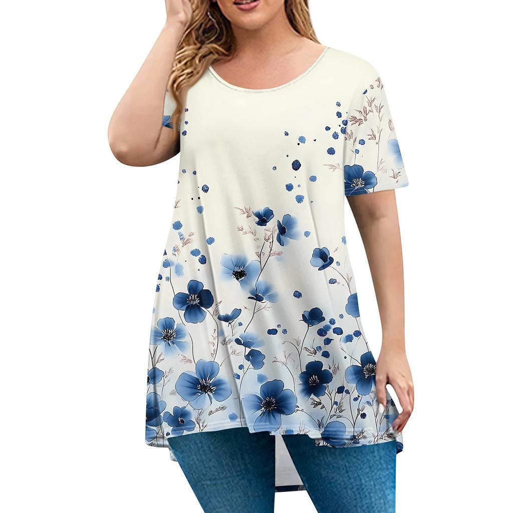 Женская мода большого размера с круглым вырезом и коротким рукавом, повседневный свободный пуловер с принтом