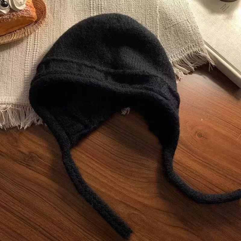 Маленькие лицевые завязки вязаная шапка женская осень и зима большой обхват головы однотонная шерстяная шапка корейская версия теплая защита ушей шапка-мешок на голову