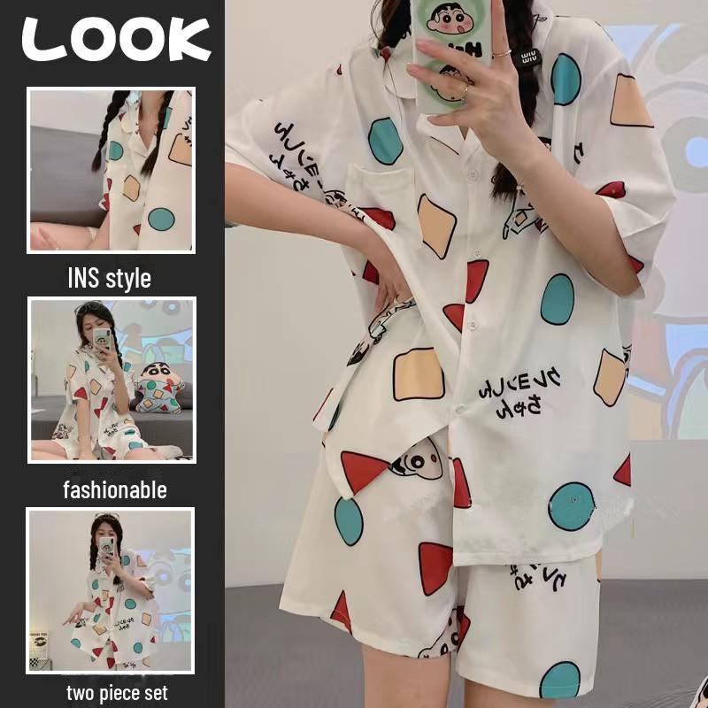 2024 Women's Short Sleeve Ice Silk Pajamas - Summer Thin Loose Fit Homewear Suit