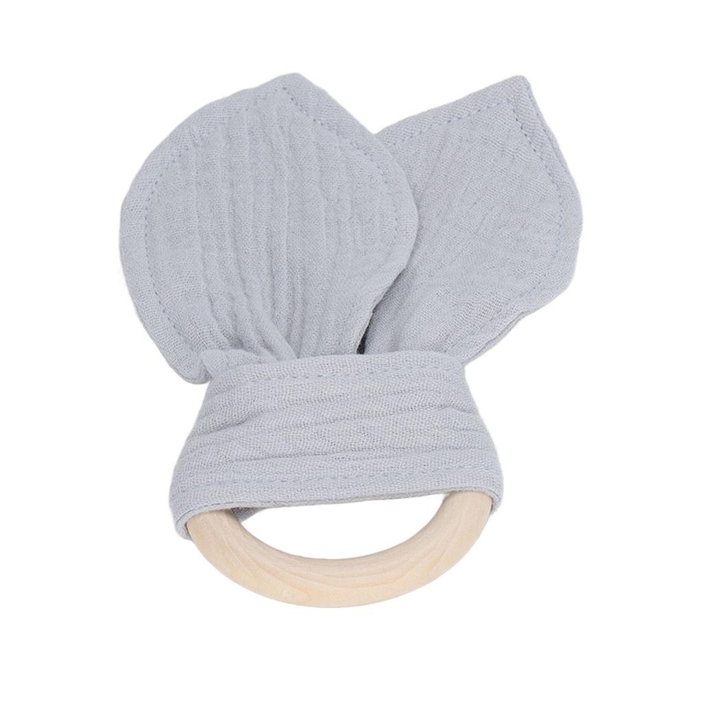 Baby Wood Ring Teether Rabbit Ears Cotton Gauze Hand Grip Training Soothing Baby Wooden Bite Ring
