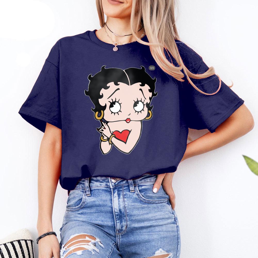 Betty Boop with Pudgy Dog Shirt Vintage Women Summer Cotton Short Sleeve Retro Cartoon Girl Graphic Printed Casual Daily Outfit