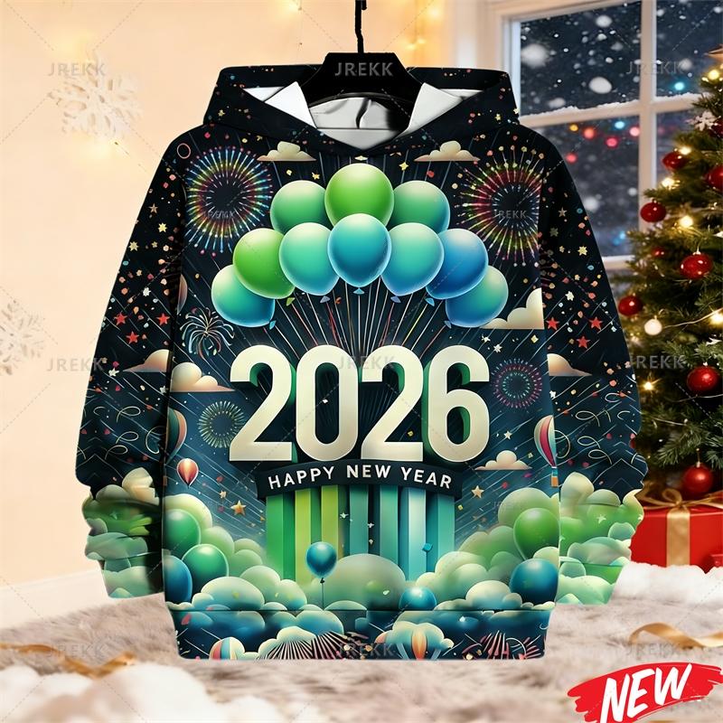 2026 New Year Hoodie For Men Colorful Balloon Firework Pattern Sweatshirt Happy New Year Party Pullovers Long Sleeve Hoodies