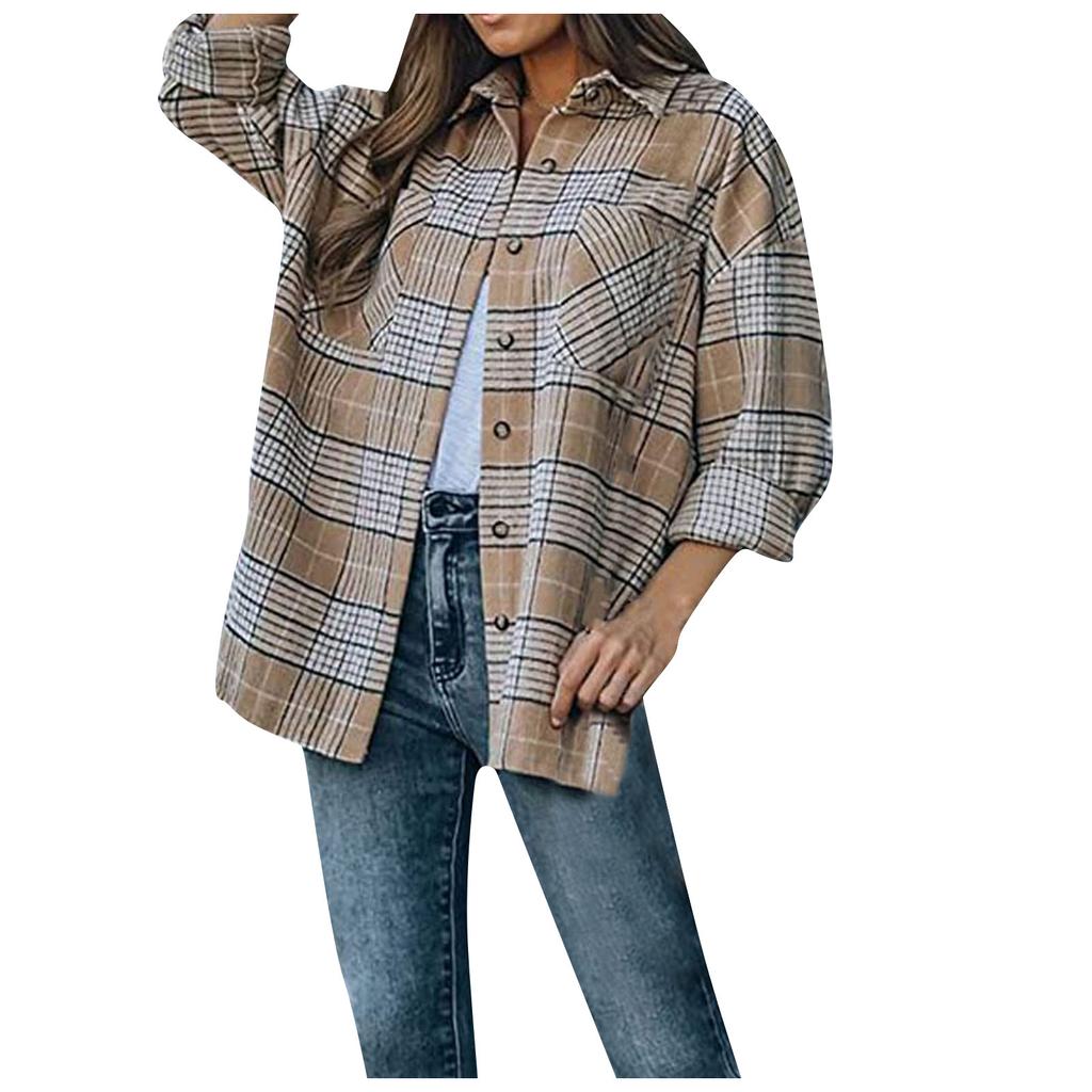 Женская куртка с длинным рукавом, повседневное пальто, блузка с лацканами и карманом, клетчатый принт, кардиган на пуговицах