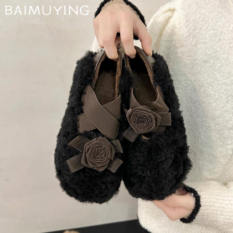 Fur Flower Women Flats Loafers Shoes Warm Cotton Fluffy Slippers 2025 Trend Winter Warm Snow Boots Sneakers Ballet Dance Shoes