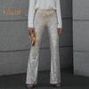 Women Elastic High Waist Flared Pants Sequins Decor Slim Fit Long Trousers High Street Long Pants Streetwear