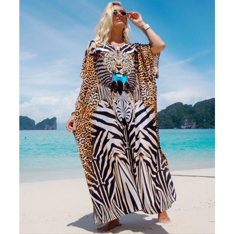 Женская мода лето весна леопардовый принт рукава 1/2 V-образный вырез свободная талия повседневные платья