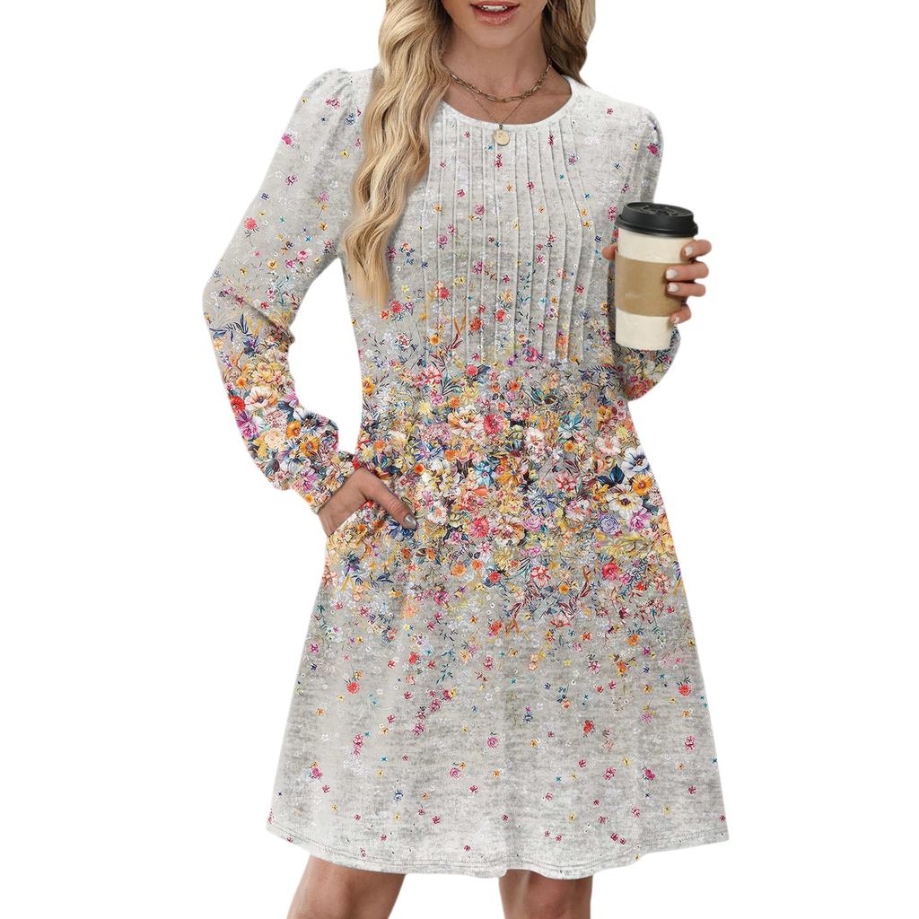 Женское повседневное платье с длинным рукавом, плиссировкой, круглым вырезом, цветочным принтом и карманами