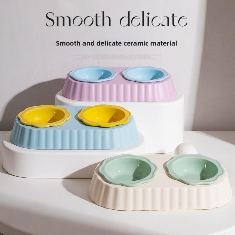 Ceramic Flower Pet Bowl Double Dish Raised Feeder Anti Spill Tilted Design Neck Protection Food Water Feeder for Cat Dog