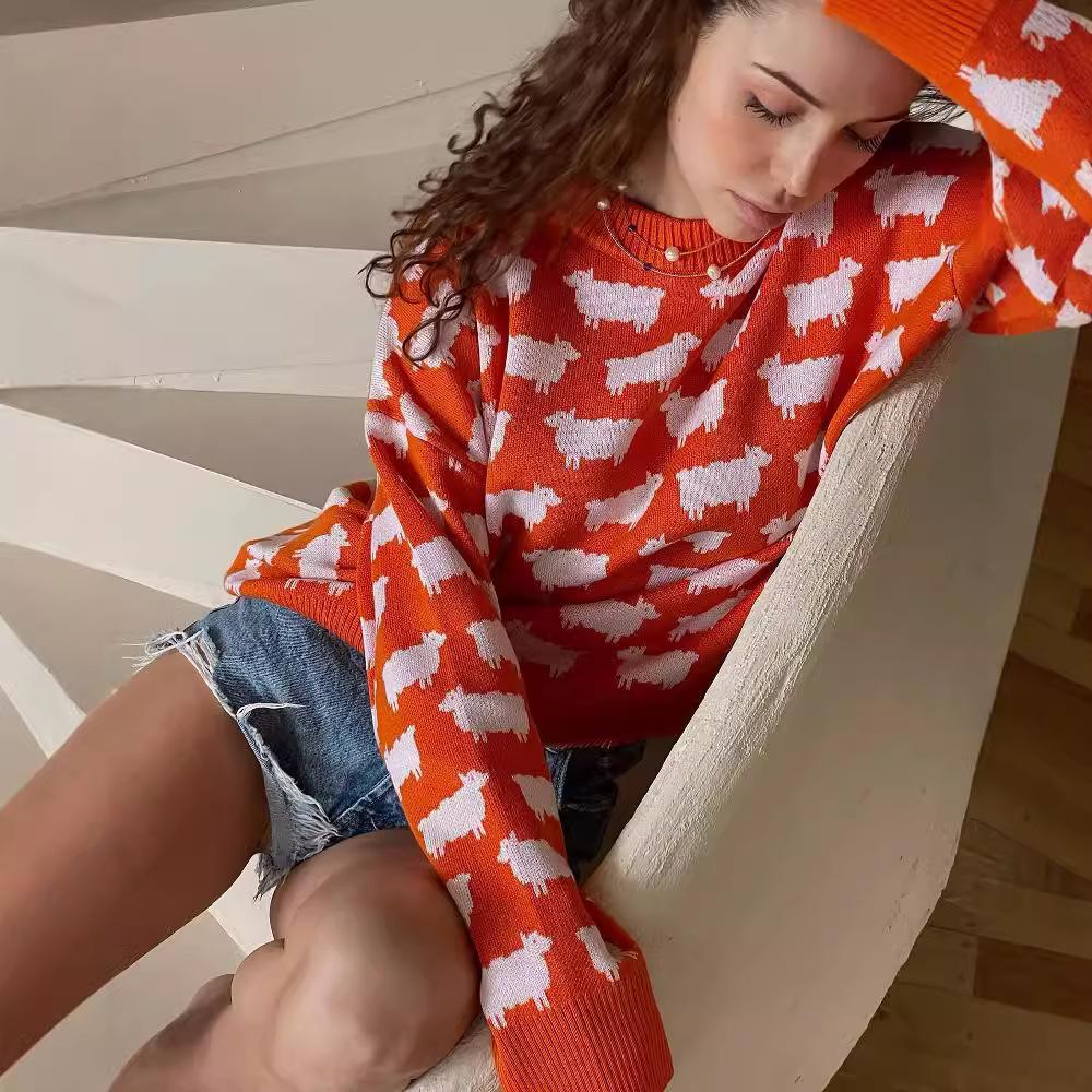 Fall and Winter Women's Round Neck Pullover Alpaca Jacquard Sweater New Loose Casual Knit Sweater Tops