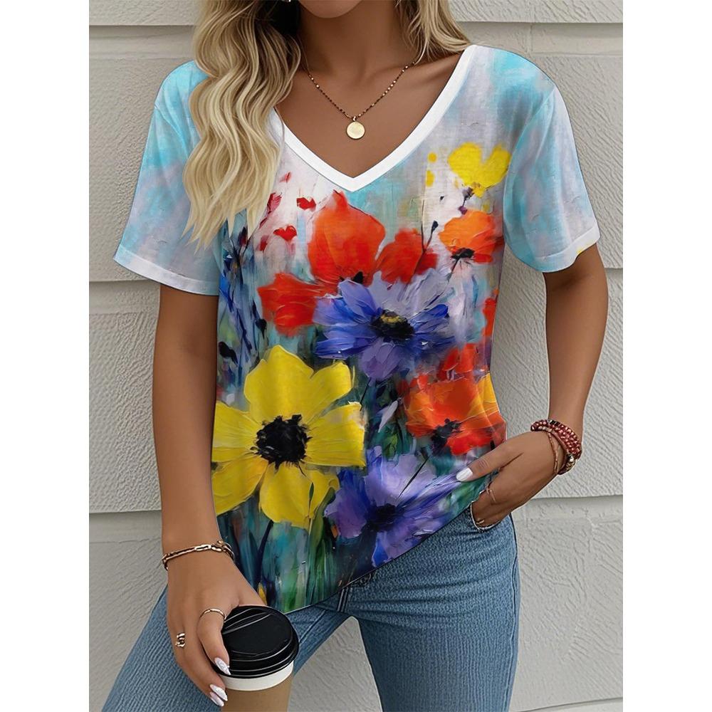 Женская футболка с V-образным вырезом и цветочным принтом, летняя, для улицы, повседневная, с коротким рукавом, модная, с 3D-печатью, трендовая, оверсайз, женская одежда
