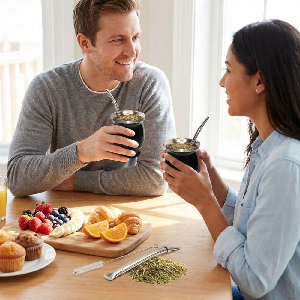 Practical 230 ML Yerba Mate Cup Double Wall Stainless Steel Straw Cup Reusable with Cleaning Brush Tea Cup Set Tea Drinking